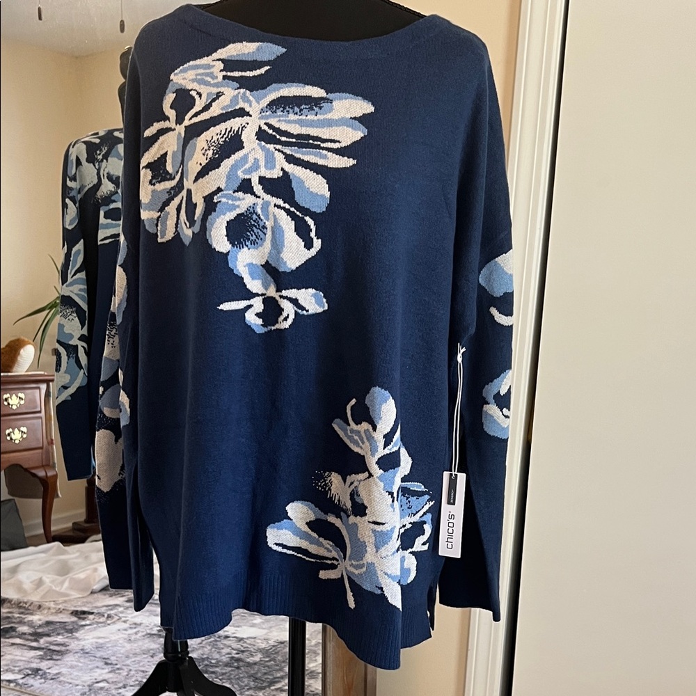 Chico's Azores Blue Floral sweater
